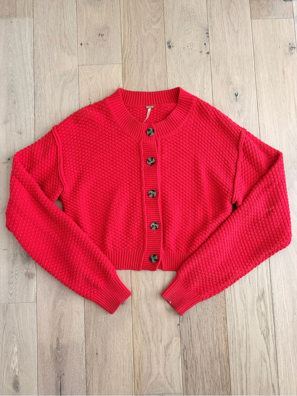 Free People Bright Red Textured Button-Front Cardigan